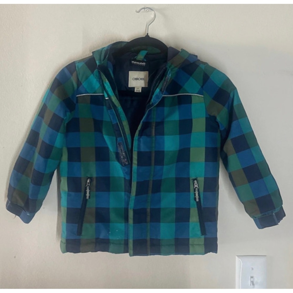 Cherokee Boys 5T Winter Jacket Thinsulate Hooded Blue Green Plaid Coat